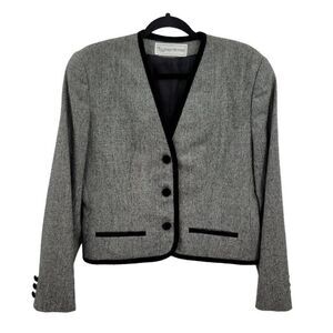 Vtg Evan Picone Blazer Wool‎ Micro Houndstooth Single 3 Button Velvet Trim 10